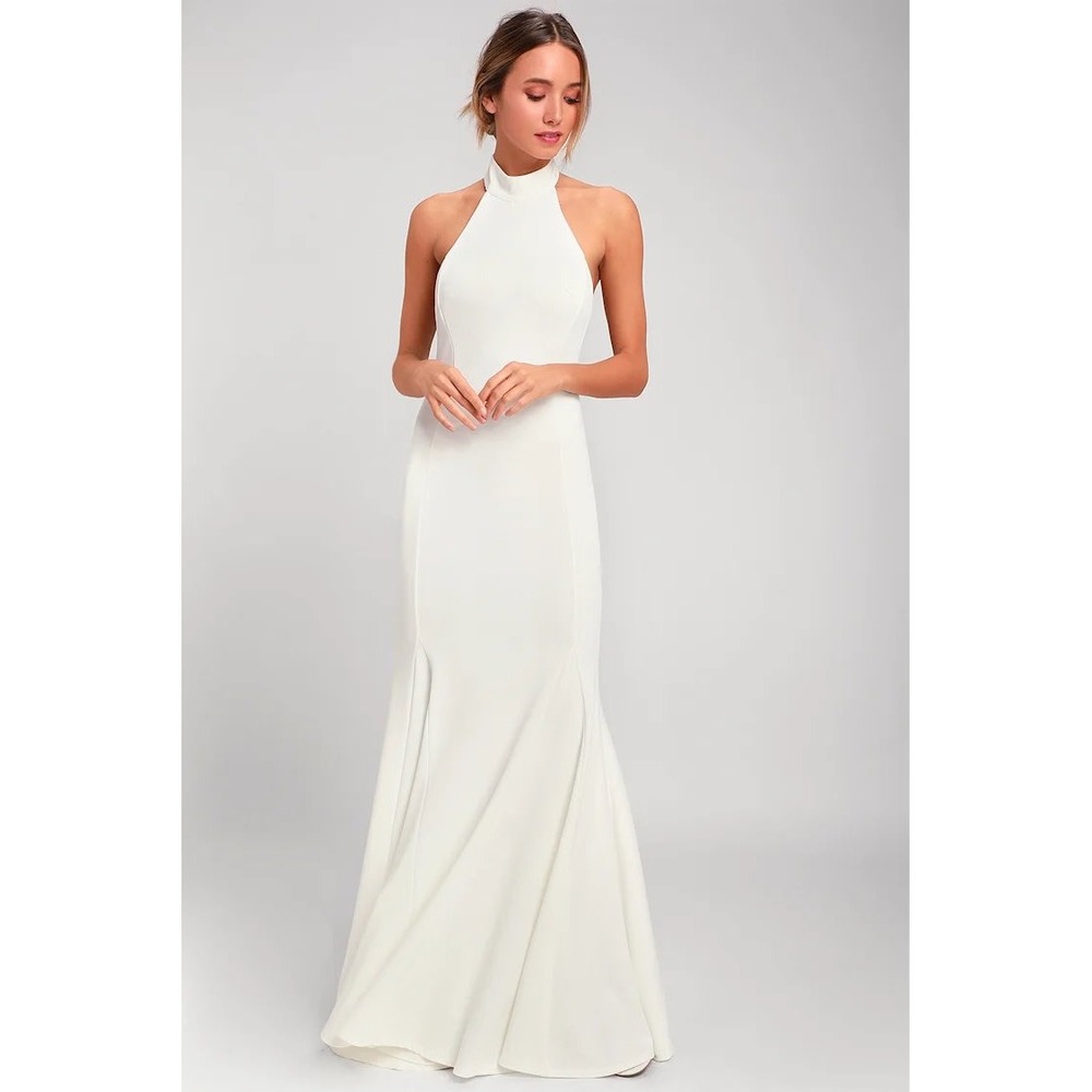 Lulus Slice of Joy White Halter Maxi Dress Bridal Engagement Wedding Size Medium